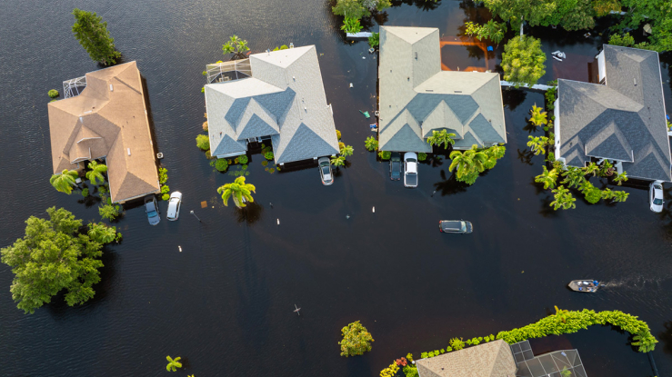Aerial view of flooded homes.