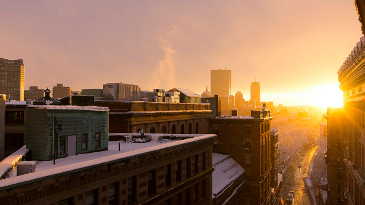Sunset view over a city street.