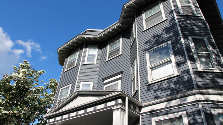 Triple-decker building in Cambridge, Massachusetts.