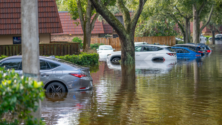 Cars in a flooded residential parking area.