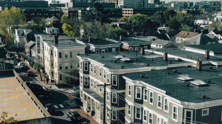 A neighborhood of triple decker homes in Cambridge, Massachusetts.
