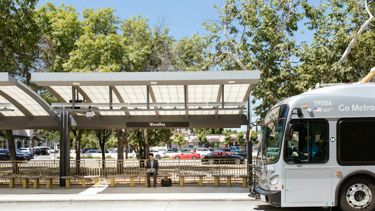 Metro bus stop at Sherman/Woodley in Los Angeles.