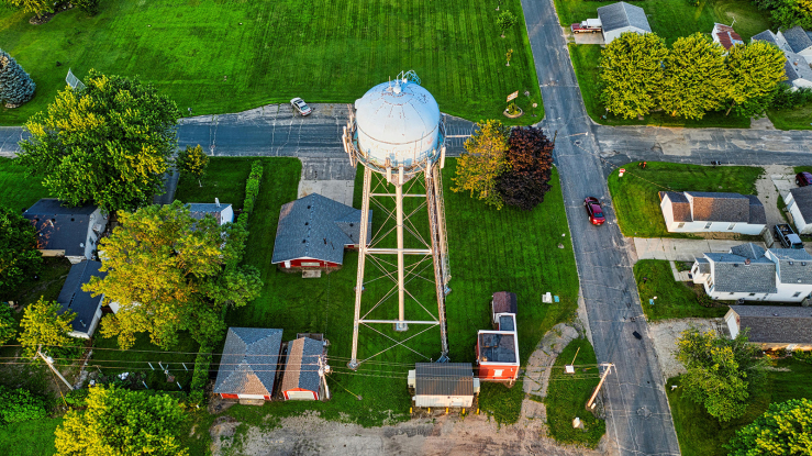 Aerial view of a water tower in a rural community.