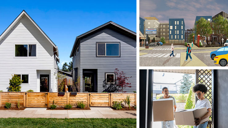 Collage of images showing single-family houses, a rendering of a neighborhood, and two people moving into an apartment.