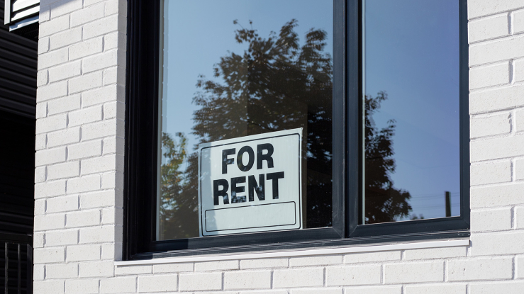 For rent sign in an apartment window.