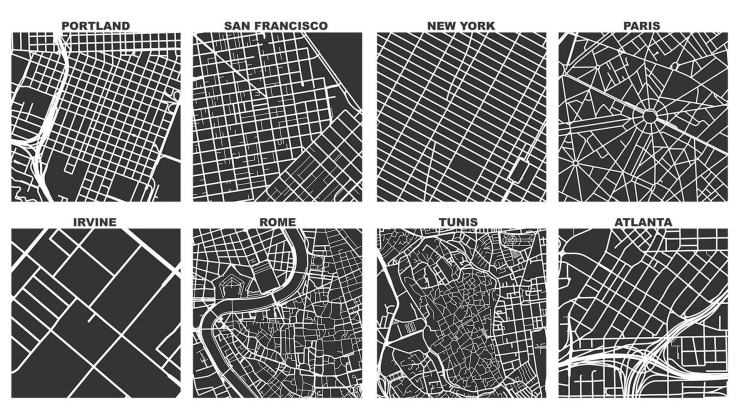 Graphic showing urban grid patterns of eight world cities.