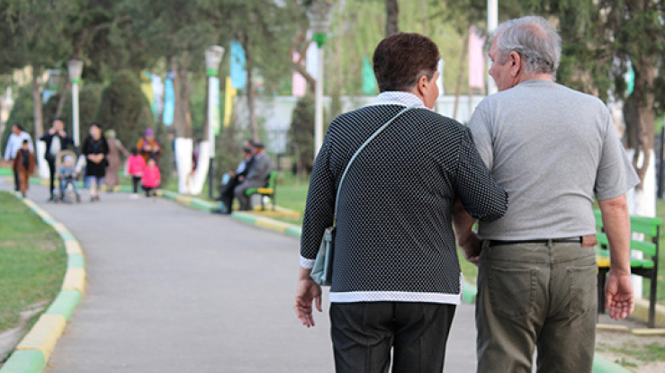 Older adult couple walking in a park.