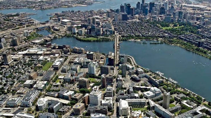 Aerial view over Cambridge looking toward Boston Harbor.
