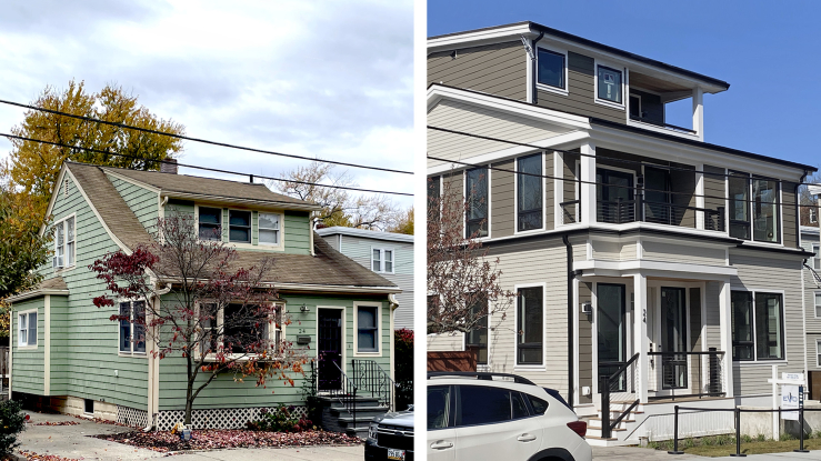 Two panel image showing a modest 1930s bungalow and the large, modern home that replaced it.