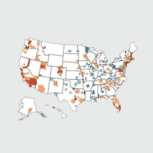 Map showing income required to afford a median-priced house in metros across the country.