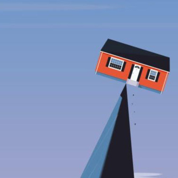 Illustration of a small house balancing on a mountaintop.