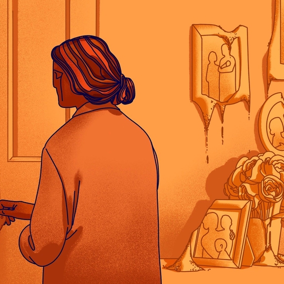 Graphic of woman in melting house.