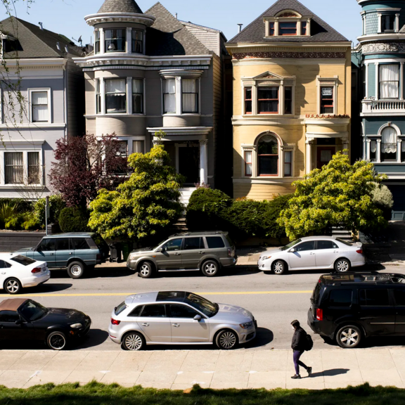View of colorful townhouses.