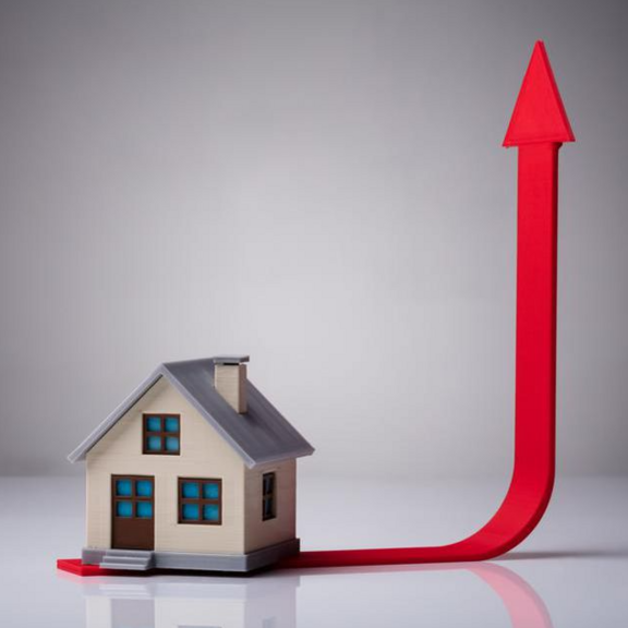 Graphic of house with arrow pointing up.