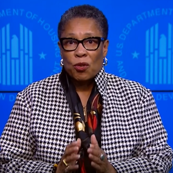 Shot of US Secretary of Housing and Urban Development Marcia Fudge speaking.