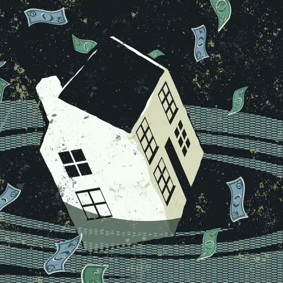 Illustration of house sinking into whirlpool.