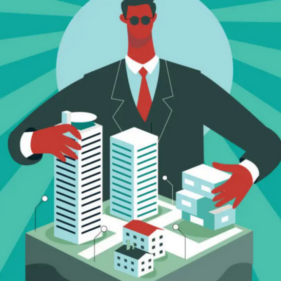 Illustration of large figure with arms around city block.