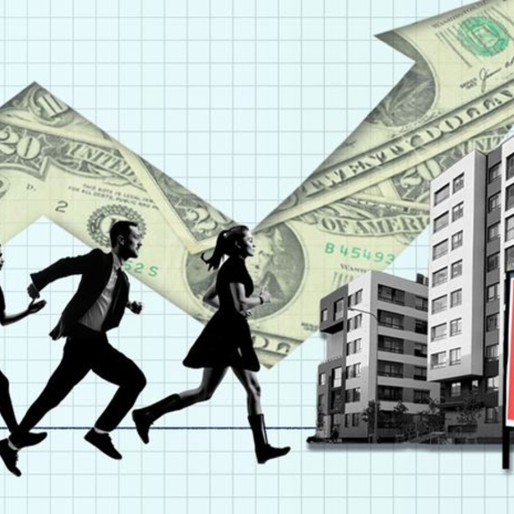 Graphic showing people, buildings, and 'for rent' sign.