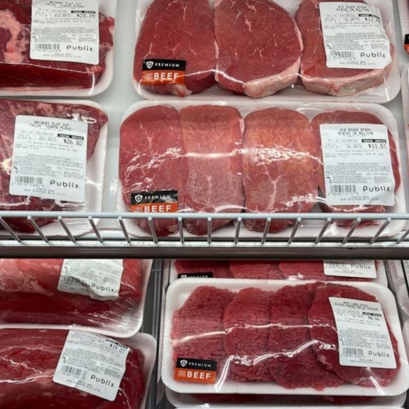 View of meat aisle in supermarket.