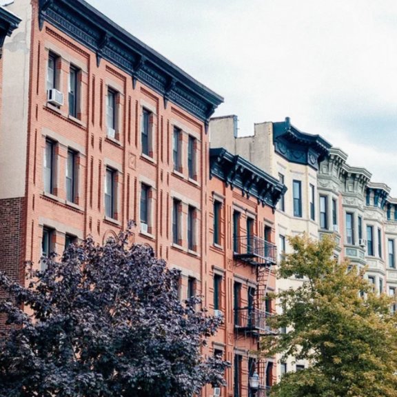 Multifamily apartment buildings in an urban context.