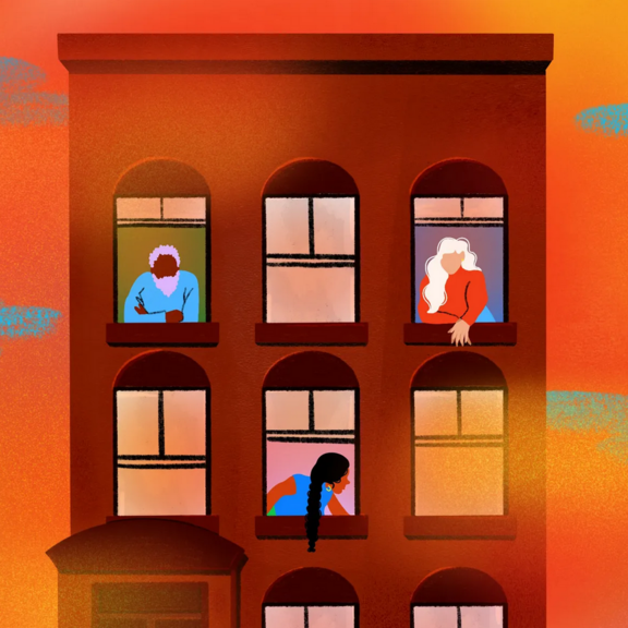 Graphic of a building with residents looking out the windows.