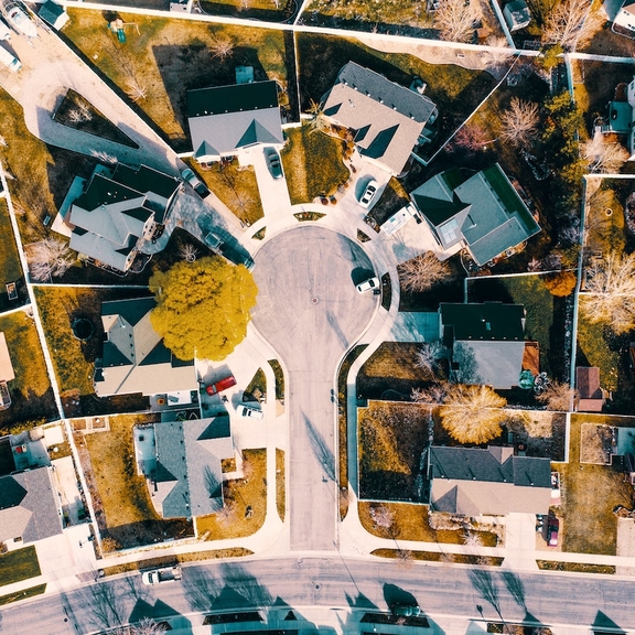 View of suburban neighborhood from above.