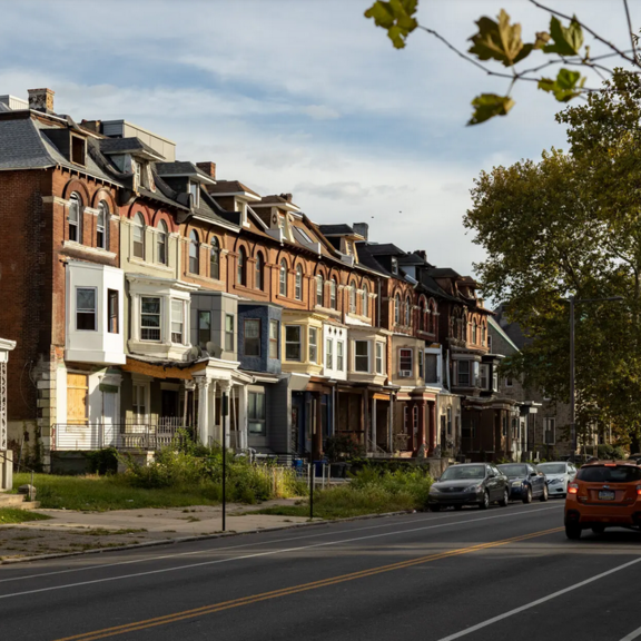 Row of townhouses in Strawberry Mansion, a working-class neighborhood in Philadelphia.