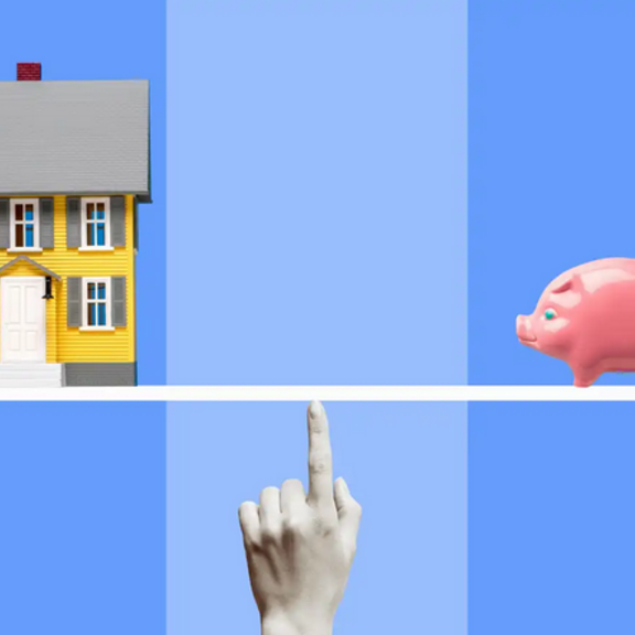 Graphic of house balancing with piggy bank.