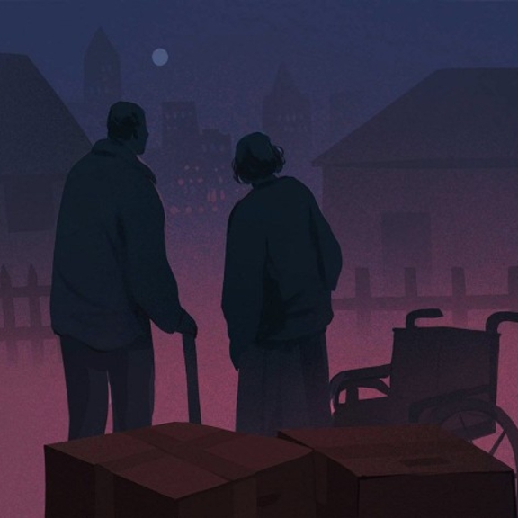 Graphic of older man, woman, and wheelchair.