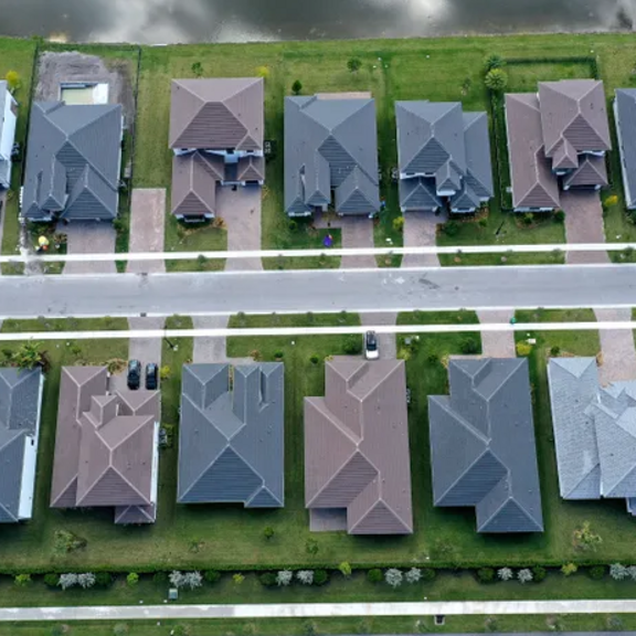 View of row of homes from above.