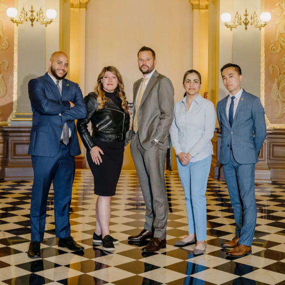 View of five members of the California state legislature's renters caucus.
