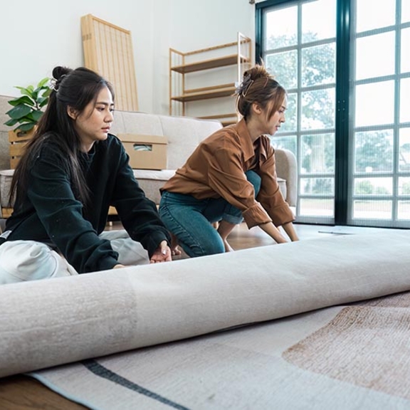 Two women rolling out a new carpet