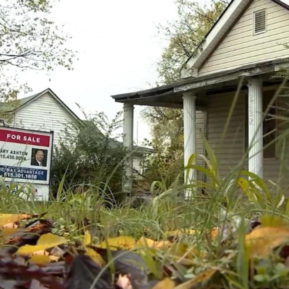 House with an overgrown front yard and for sale sign.