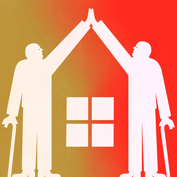 Illustration of two people with arms raised forming a roof shape.