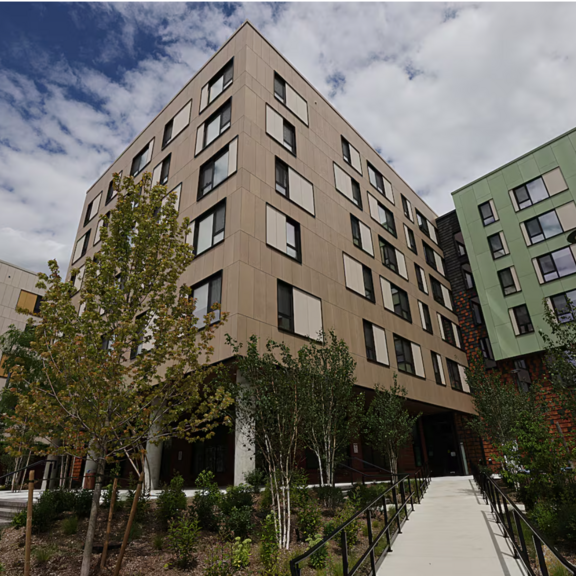 Modern apartment buildings.