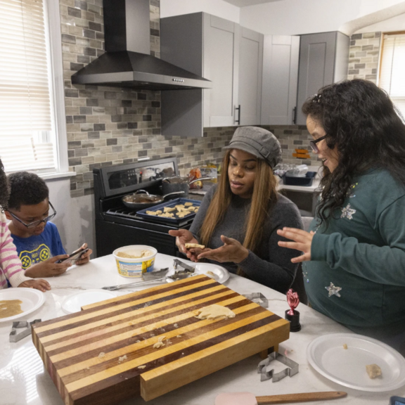 Family gathered in kitchen.