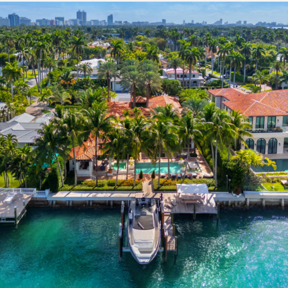 Yacht and waterfront home.