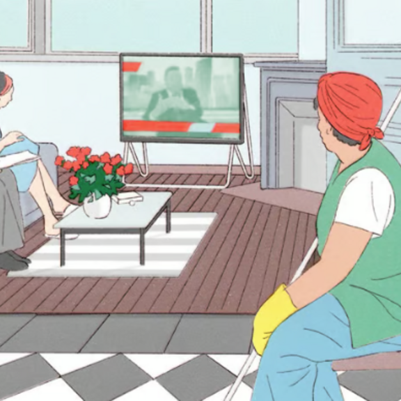 Illustration of people watching TV as a housekeeper looks on.