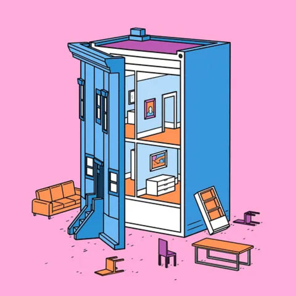 Illustration of a home with the front opening to reveal interior.