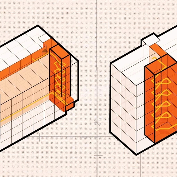 Illustrations depicting a building with a staircase on either side and one with a single staircase down the middle.