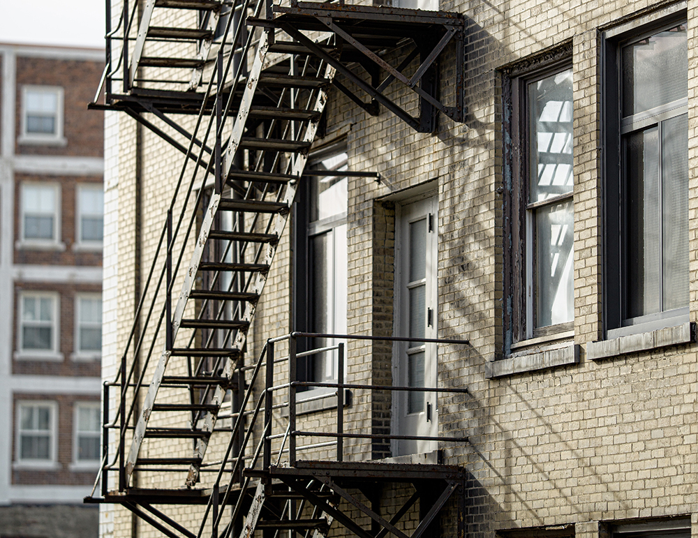 View of an apartment building fire escape.