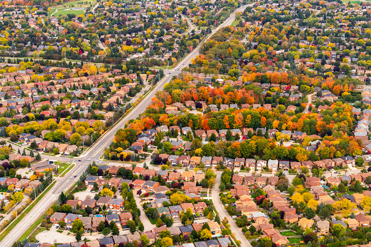 Aerial view of suburban single-family homes.