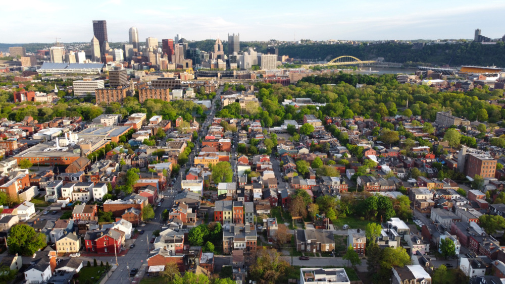 View of dense urban neighborhood from above.