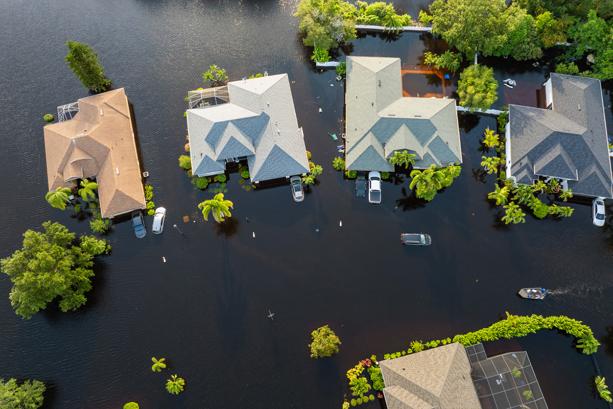 Aerial view of flooded homes.