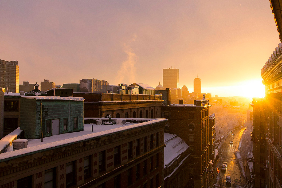 Sunset view over a city street.