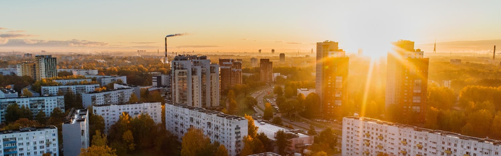 City skyline at sunrise