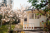 Small yellow house in back yard.