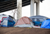 Tent encampment under an overpass.