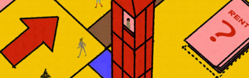 Graphic of people and buildings.