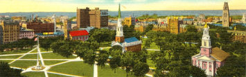 Postcard illustration of New Haven Green, with paths crossing the green.